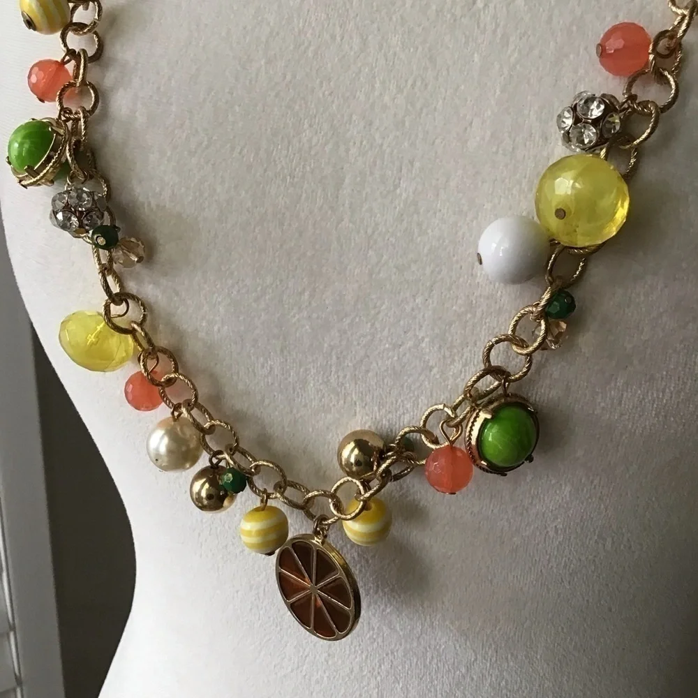 Citrus Baubles Necklace Orange Yellow White Green Gold Tone Beads Florida FL 35”